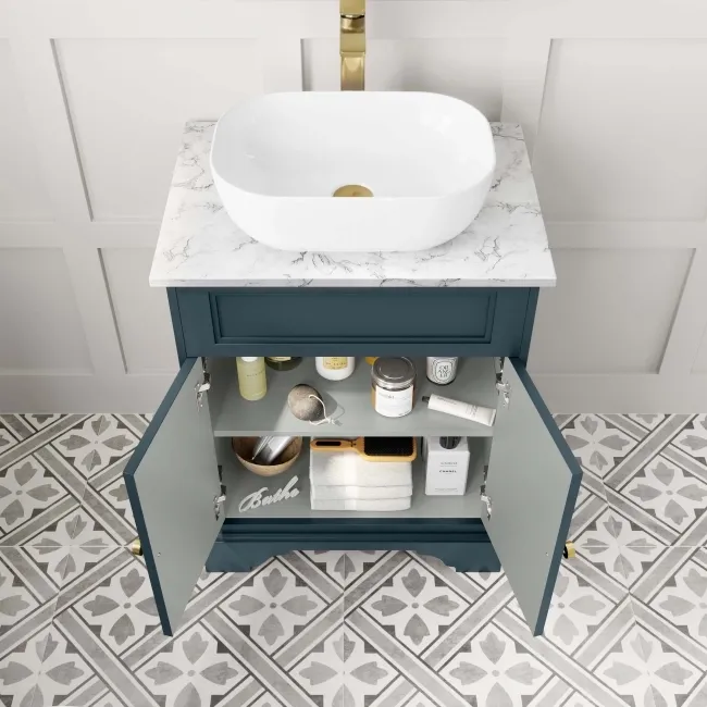 Lucia Inky Blue Vanity with Marble Top & Curved Counter Top Basin 640mm - Brushed Brass Accents