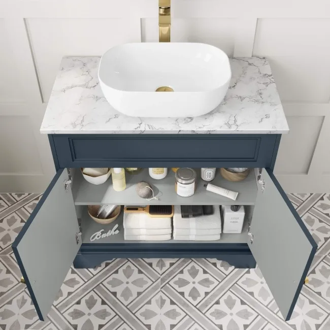 Lucia Inky Blue Vanity with Marble Top & Curved Counter Top Basin 840mm - Brushed Brass Accents