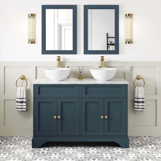 Lucia Inky Blue Double Vanity with Marble Top & Round Counter Top Basin 1200mm - Brushed Brass Accents