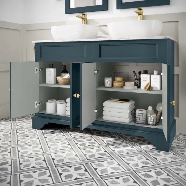 Lucia Inky Blue Double Vanity with Marble Top & Curved Counter Top Basin 1200mm - Brushed Brass Accents