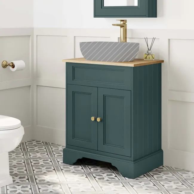 Lucia Midnight Green Cabinet with Oak Effect Top 640mm (Excludes Counter Top Basin) - Brushed Brass Accents