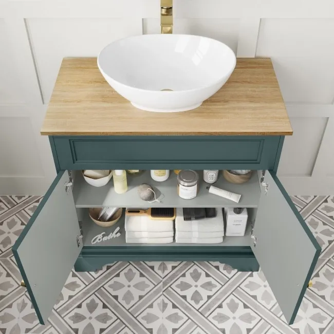 Lucia Midnight Green Vanity with Oak Effect Top & Oval Counter Top Basin 840mm - Brushed Brass Accents