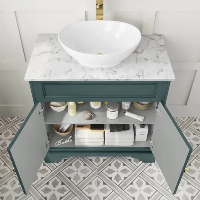 Lucia Midnight Green Vanity with Marble Top & Oval Counter Top Basin 840mm - Brushed Brass Accents