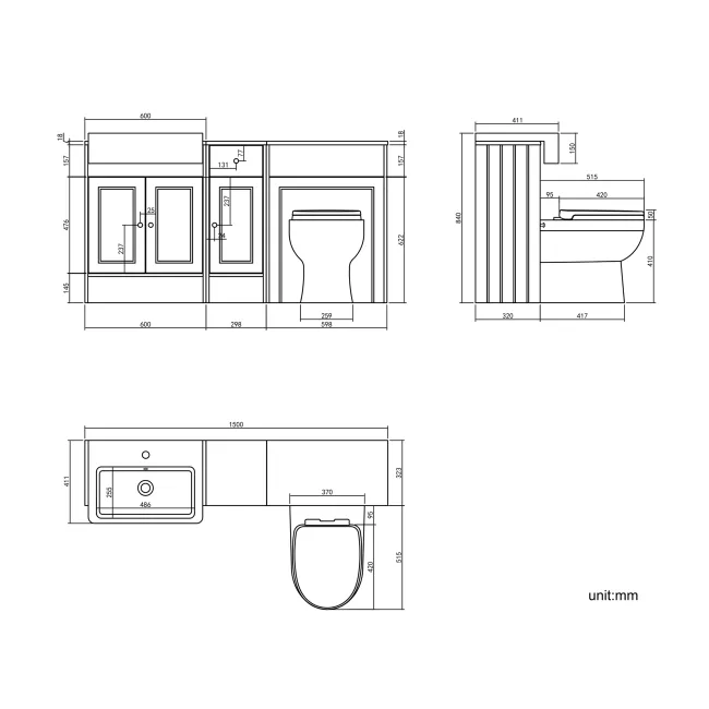 Monaco Dove Grey Combination Vanity Basin and Seattle Toilet 1500mm - Brushed Brass Accents