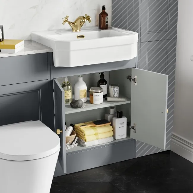 Monaco Dove Grey Combination Vanity Traditional Basin with Marble Top & Boston Toilet 1200mm - Brushed Brass Accents