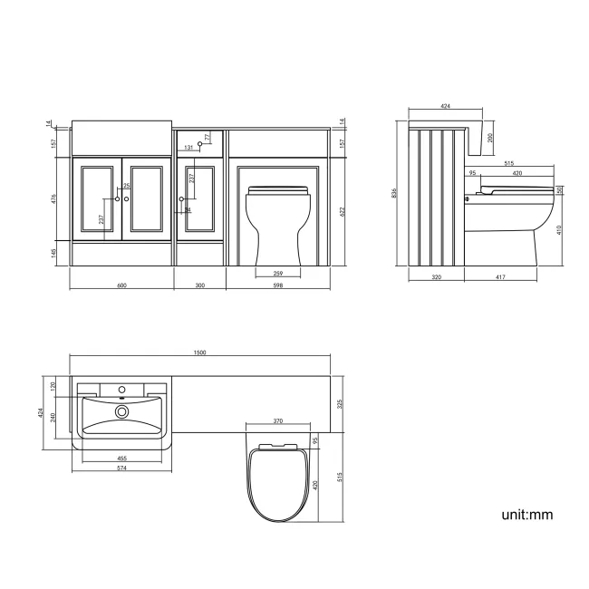 Monaco Dove Grey Combination Vanity Traditional Basin with Marble Top and Seattle Toilet 1500mm - Brushed Brass Accents