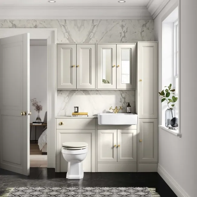 Monaco Chalk White Combination Vanity Basin and Hudson Toilet with Wooden Seat 1200mm - Brushed Brass Accents