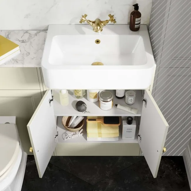 Monaco Chalk White Combination Vanity Basin with Marble Top & Hudson Toilet with Wooden Seat 1200mm - Brushed Brass Accents