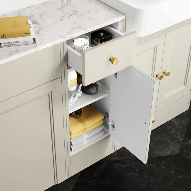 Monaco Chalk White Combination Vanity Basin with Marble Top and Boston Toilet 1500mm - Brushed Brass Accents