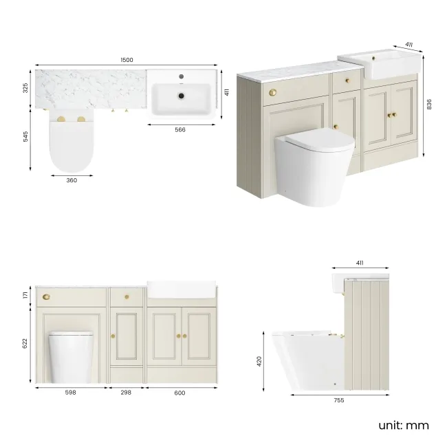 Monaco Chalk White Combination Vanity Basin with Marble Top and Boston Toilet 1500mm - Brushed Brass Accents