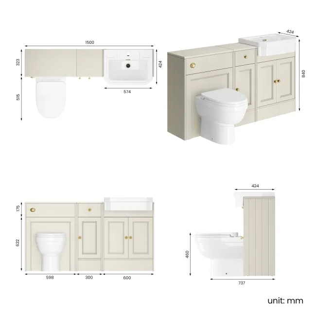 Monaco Chalk White Combination Vanity Traditional Basin and Seattle Toilet 1500mm - Brushed Brass Accents