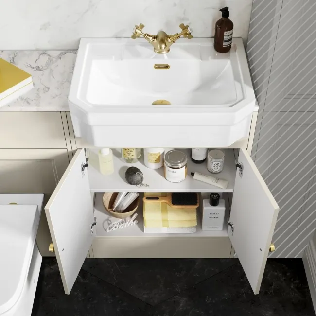 Monaco Chalk White Combination Vanity Traditional Basin with Marble Top & Atlanta Toilet 1200mm - Brushed Brass Accents