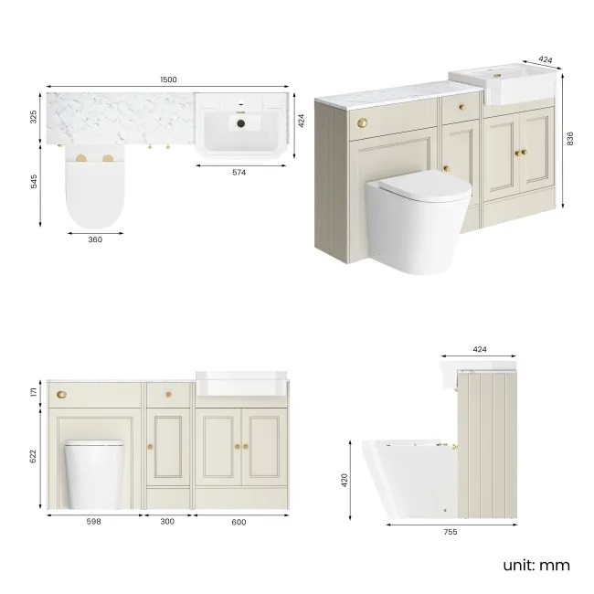 Monaco Chalk White Combination Vanity Traditional Basin with Marble Top and Boston Toilet 1500mm - Brushed Brass Accents