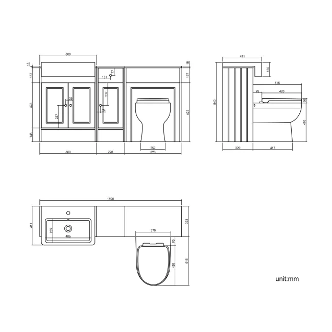 Monaco Graphite Grey Combination Vanity Basin and Seattle Toilet 1500mm - Brushed Brass Accents