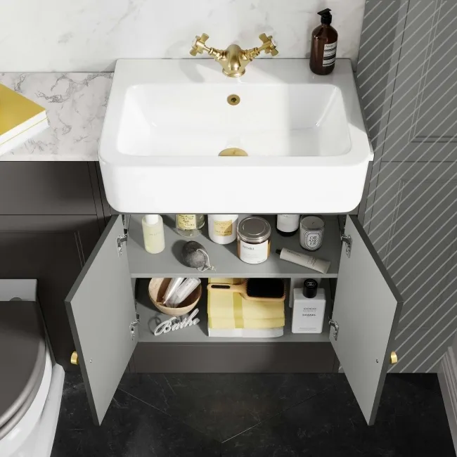 Monaco Graphite Grey Combination Vanity Basin with Marble Top & Hudson Toilet with Wooden Seat 1200mm - Brushed Brass Accents