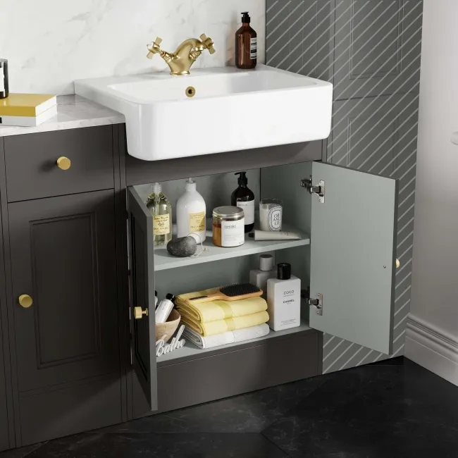 Monaco Graphite Grey Combination Vanity Basin with Marble Top and Hudson Toilet with Wooden Seat 1500mm - Brushed Brass Accents