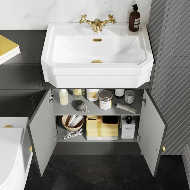 Monaco Graphite Grey Combination Vanity Traditional Basin and Boston Toilet 1200mm - Brushed Brass Accents