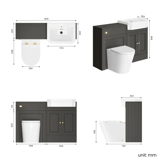 Monaco Graphite Grey Combination Vanity Traditional Basin and Boston Toilet 1200mm - Brushed Brass Accents