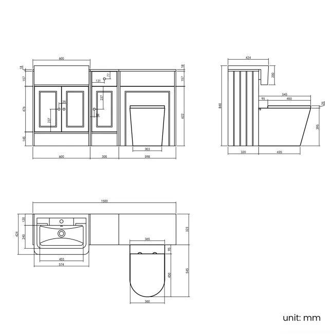 Monaco Graphite Grey Combination Vanity Traditional Basin and Boston Toilet 1500mm - Brushed Brass Accents