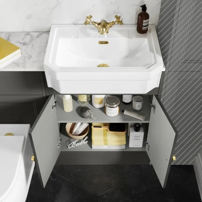 Monaco Graphite Grey Combination Vanity Traditional Basin with Marble Top & Boston Toilet 1200mm - Brushed Brass Accents