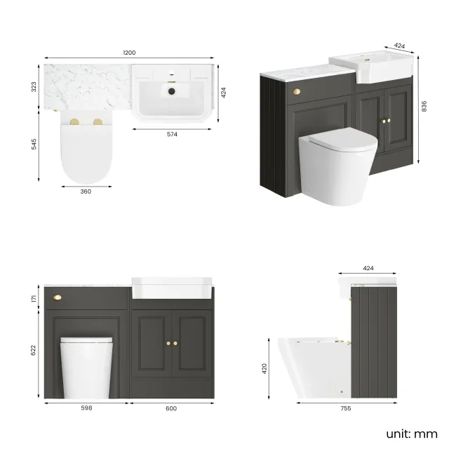 Monaco Graphite Grey Combination Vanity Traditional Basin with Marble Top & Boston Toilet 1200mm - Brushed Brass Accents