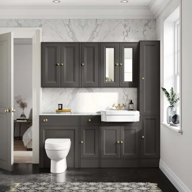 Monaco Graphite Grey Combination Vanity Traditional Basin with Marble Top and Seattle Toilet 1500mm - Brushed Brass Accents