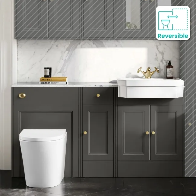 Monaco Graphite Grey Combination Vanity Traditional Basin with Marble Top and Boston Toilet 1500mm - Brushed Brass Accents