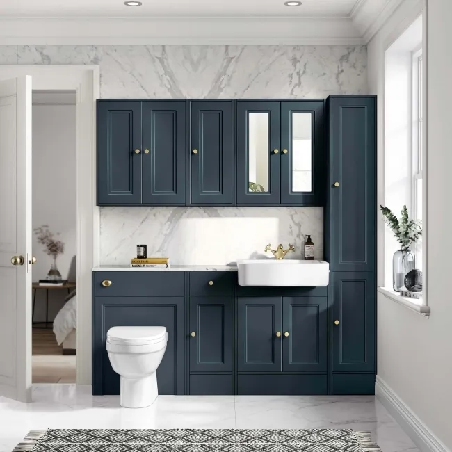 Monaco Inky Blue Combination Vanity Basin with Marble Top and Seattle Toilet 1500mm - Brushed Brass Accents