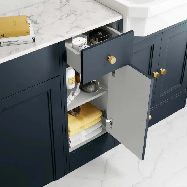 Monaco Inky Blue Combination Vanity Traditional Basin with Marble Top and Seattle Toilet 1500mm - Brushed Brass Accents