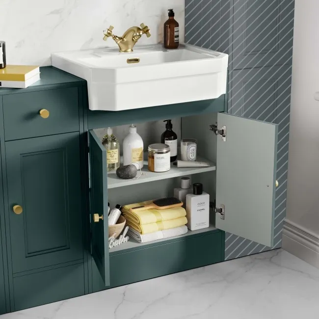 Monaco Midnight Green Combination Vanity Traditional Basin and Seattle Toilet 1500mm - Brushed Brass Accents