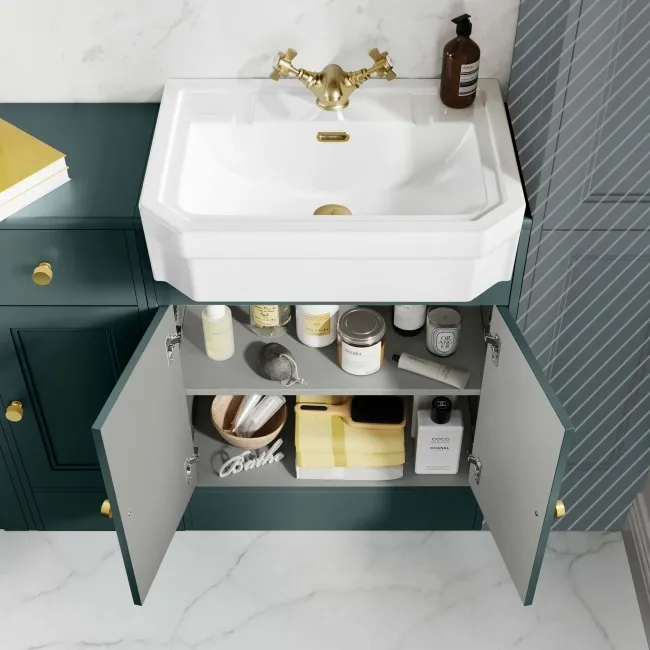 Monaco Midnight Green Combination Vanity Traditional Basin and Seattle Toilet 1500mm - Brushed Brass Accents