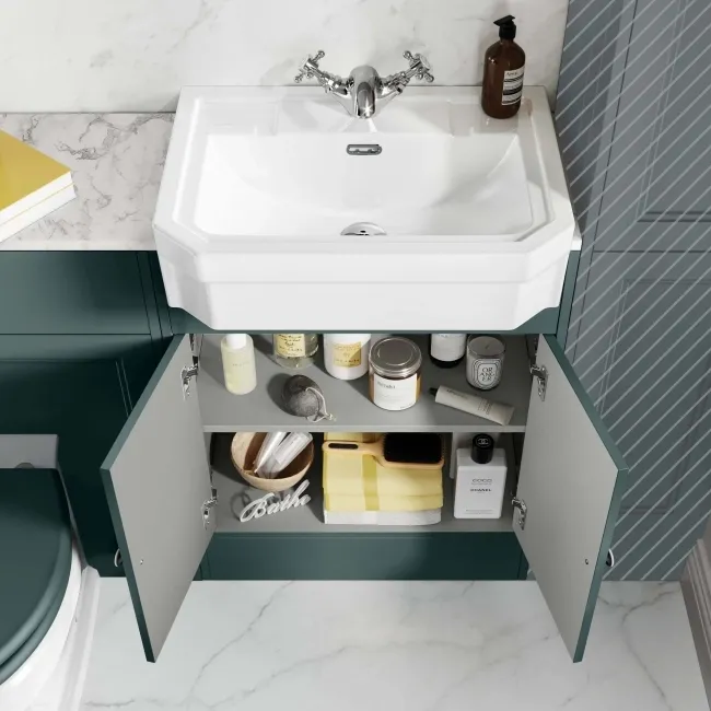 Monaco Midnight Green Combination Vanity Traditional Basin with Marble Top & Hudson Toilet with Wooden Seat 1200mm