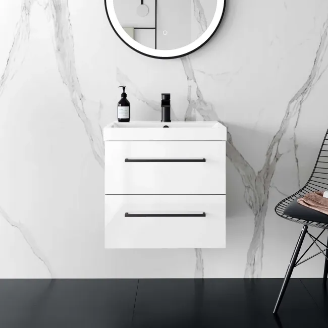 Elba Gloss White Wall Hung Basin Drawer Vanity 500mm - Black Accents
