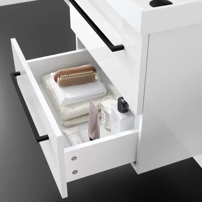 Elba Gloss White Wall Hung Basin Drawer Vanity 500mm - Black Accents