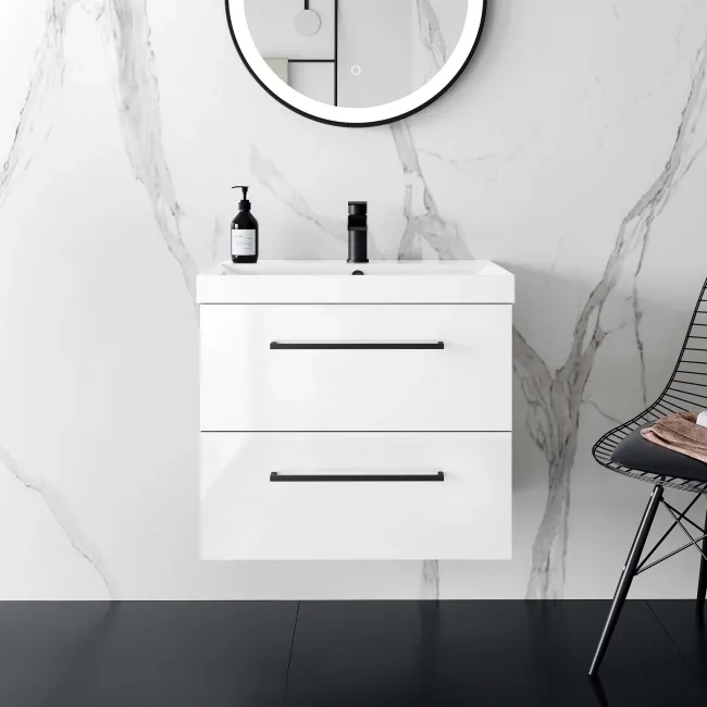 Elba Gloss White Wall Hung Basin Drawer Vanity 600mm - Black Accents
