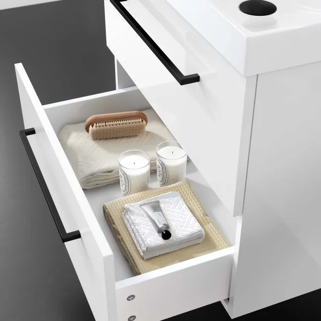 Elba Gloss White Wall Hung Basin Drawer Vanity 600mm - Black Accents