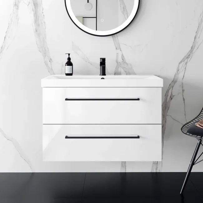 Elba Gloss White Wall Hung Basin Drawer Vanity 800mm - Black Accents
