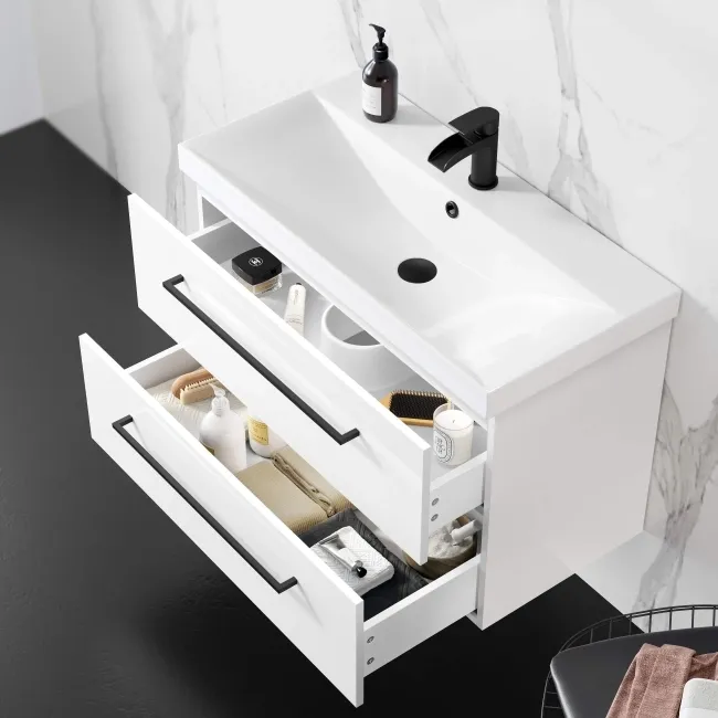 Elba Gloss White Wall Hung Basin Drawer Vanity 800mm - Black Accents
