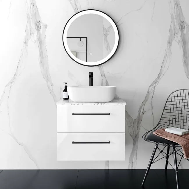 Elba Gloss White Wall Hung Drawer Vanity with Marble Top & Curved Counter Top Basin 600mm - Black Accents