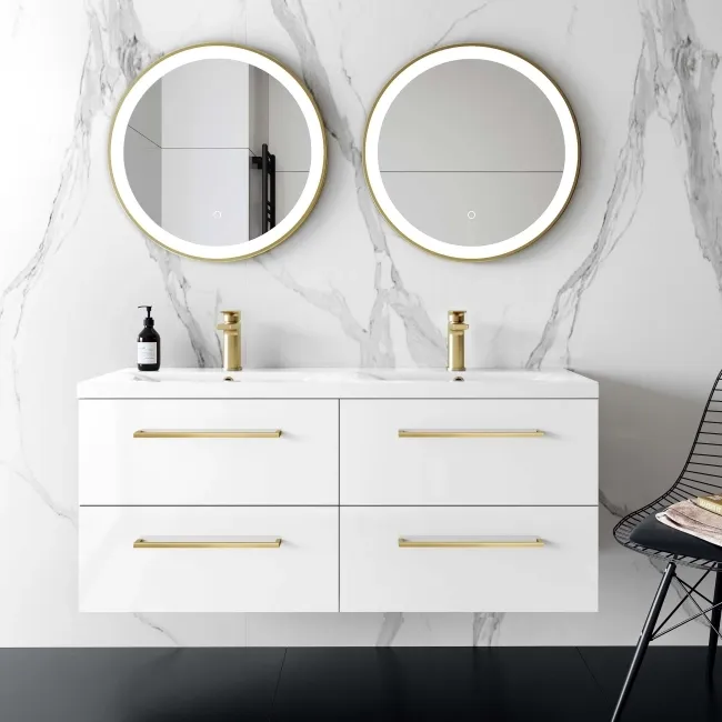 Elba Gloss White Wall Hung Double Basin Drawer Vanity 1200mm - Brushed Brass Accents