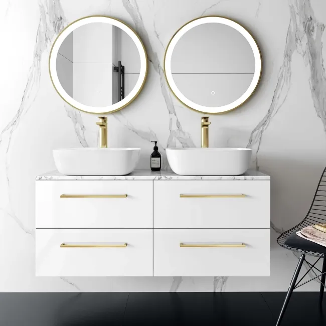 Elba Gloss White Double Wall Hung Drawer Vanity with Marble Top & Curved Basin 1200mm - Brushed Brass Accents