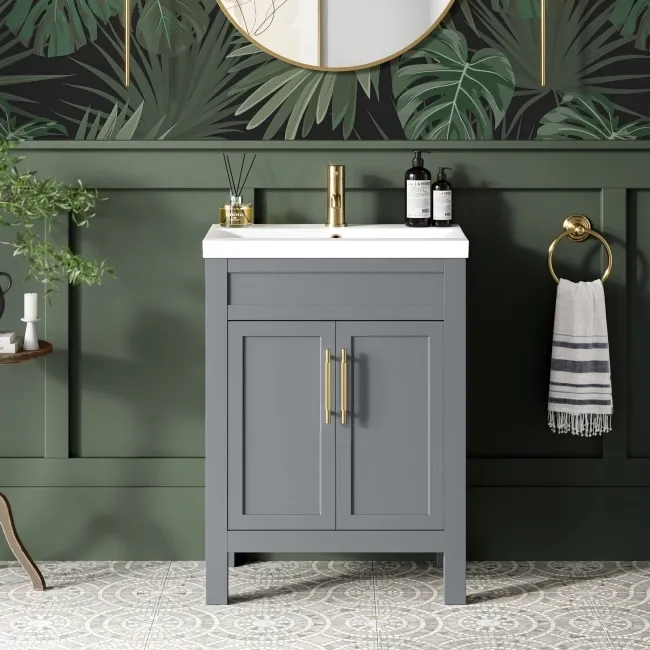 Bermuda Dove Grey Basin Vanity 600mm - Brass Knurled Handles