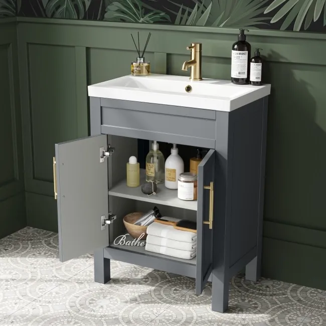 Bermuda Dove Grey Basin Vanity 600mm - Brass Knurled Handles