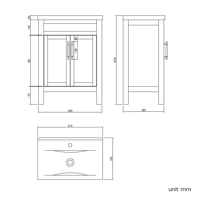 Bermuda Dove Grey Basin Vanity 600mm - Brass Knurled Handles