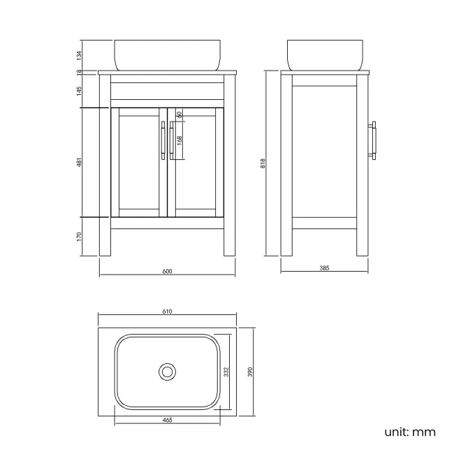 Bermuda Dove Grey Vanity with Curved Counter Top Basin 600mm - Brass Knurled Handles