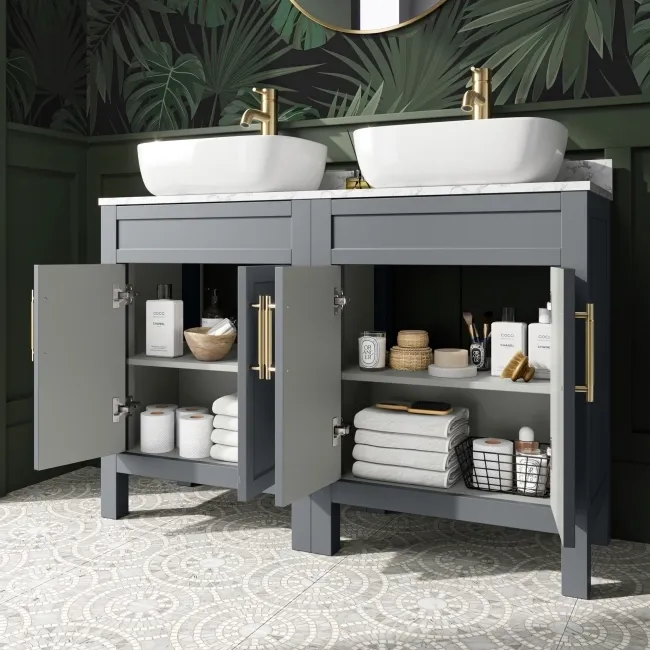 Bermuda Dove Grey Vanity with Marble Top & Curved Counter Top Basin 1200mm - Brass Knurled Handles