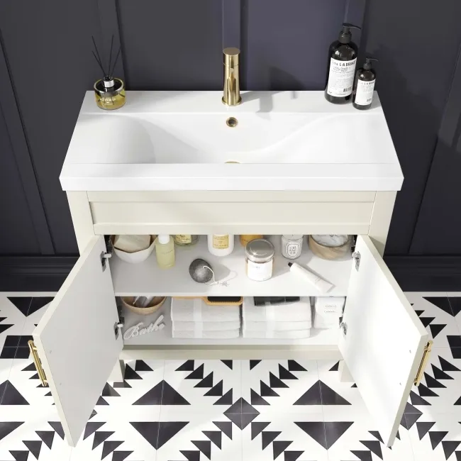Bermuda Chalk White Basin Vanity 800mm - Brass Knurled Handles