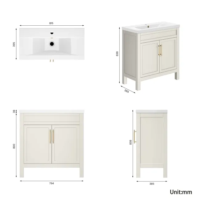 Bermuda Chalk White Basin Vanity 800mm - Brass Knurled Handles