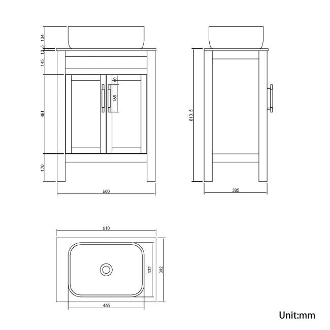 Bermuda Chalk White Vanity with Marble Top & Curved Counter Top Basin 600mm - Brass Knurled Handles