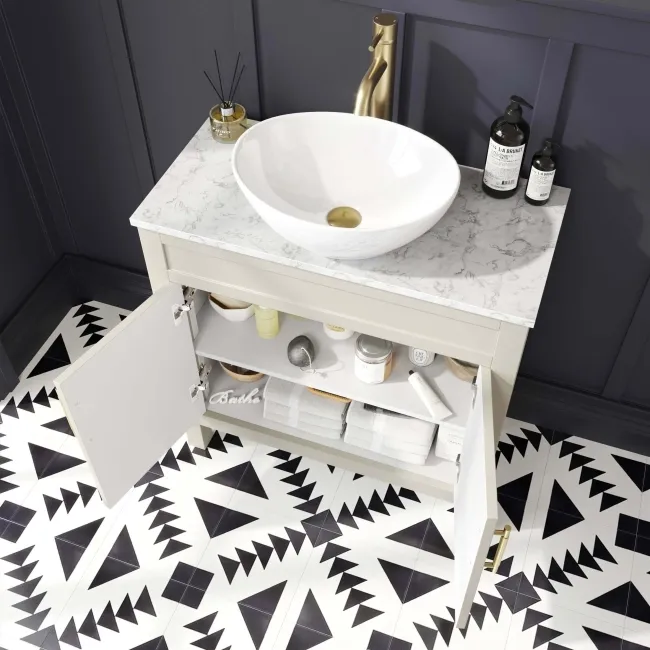 Bermuda Chalk White Vanity with Marble Top & Oval Counter Top Basin 800mm - Brass Knurled Handles